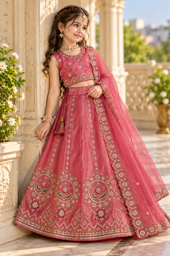 Dusty rose embroidered girls lehenga choli set in fandy silk with khatli beads work for wedding