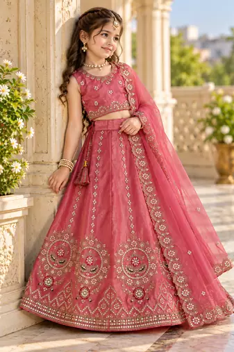 Dusty rose embroidered girls lehenga choli set in fandy silk with khatli beads work for wedding