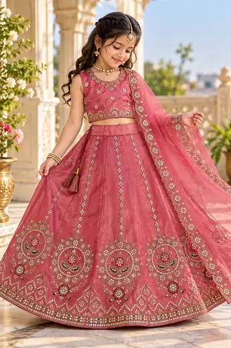 Dusty rose embroidered girls lehenga choli set in fandy silk with khatli beads work for wedding