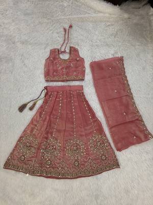 Dusty rose embroidered girls lehenga choli set in fandy silk with khatli beads work for wedding 3