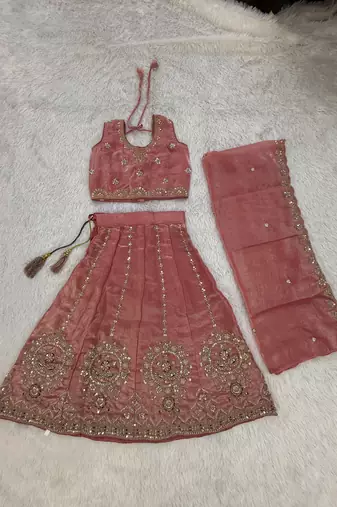 Dusty rose embroidered girls lehenga choli set in fandy silk with khatli beads work for wedding