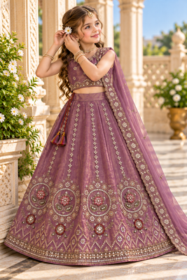 Mauve purple embroidered girls lehenga choli set in fandy silk with khatli beads work for wedding 1