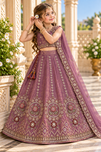 Mauve purple embroidered girls lehenga choli set in fandy silk with khatli beads work for wedding