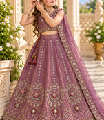 Mauve purple embroidered girls lehenga choli set in fandy silk with khatli beads work for wedding