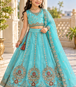 Sky blue embroidered girls lehenga choli set in fandy silk with khatli beads work for wedding