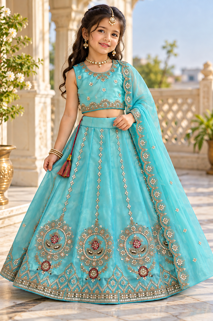 Sky blue embroidered girls lehenga choli set in fandy silk with khatli beads work for wedding