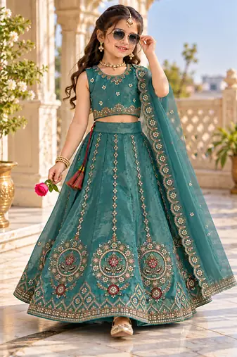 Aqua blue embroidered girls lehenga choli set in fandy silk with khatli beads work for wedding