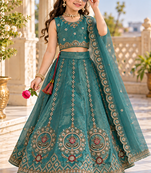 Aqua blue embroidered girls lehenga choli set in fandy silk with khatli beads work for wedding