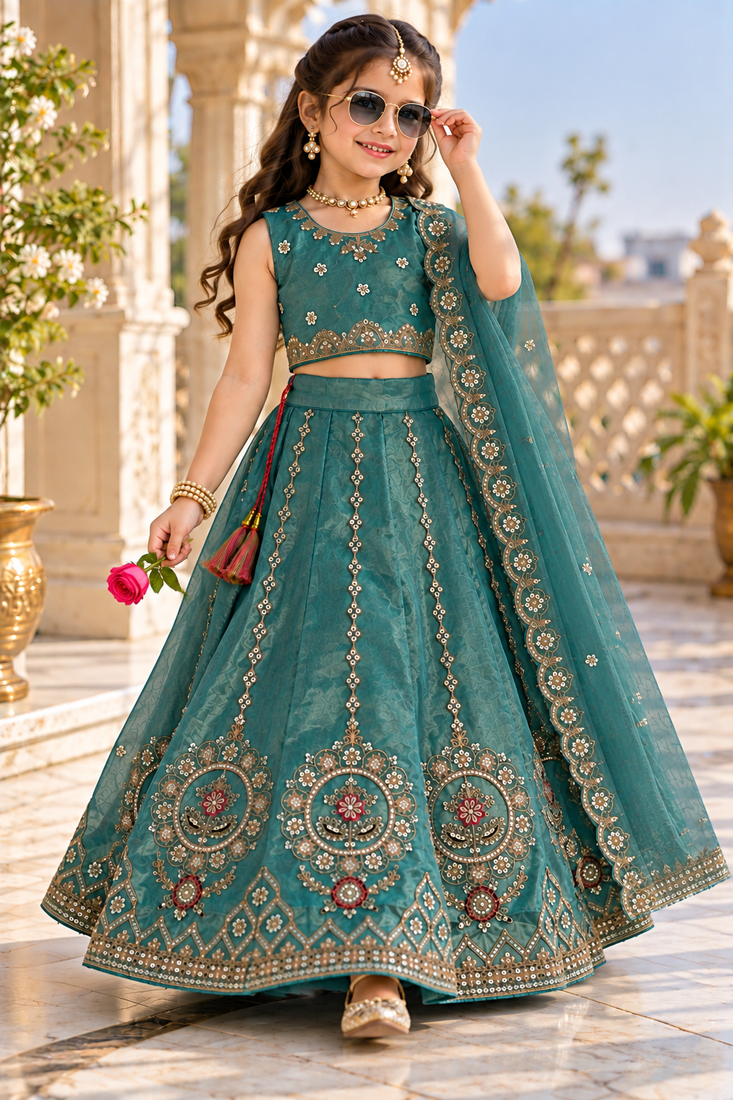 Aqua blue embroidered girls lehenga choli set in fandy silk with khatli beads work for wedding