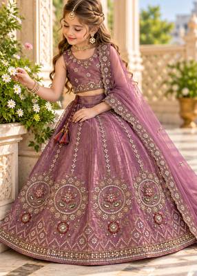 Mauve purple embroidered girls lehenga choli set in fandy silk with khatli beads work for wedding 2
