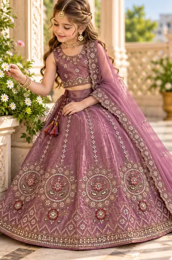 Mauve purple embroidered girls lehenga choli set in fandy silk with khatli beads work for wedding