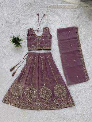 Mauve purple embroidered girls lehenga choli set in fandy silk with khatli beads work for wedding 3
