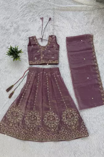 Mauve purple embroidered girls lehenga choli set in fandy silk with khatli beads work for wedding