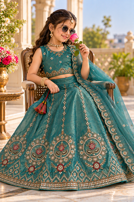 Aqua blue embroidered girls lehenga choli set in fandy silk with khatli beads work for wedding 2