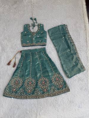 Aqua blue embroidered girls lehenga choli set in fandy silk with khatli beads work for wedding 3