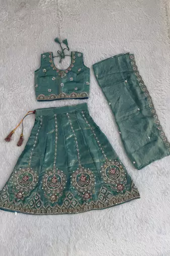 Aqua blue embroidered girls lehenga choli set in fandy silk with khatli beads work for wedding