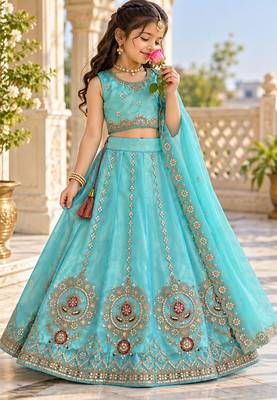 Sky blue embroidered girls lehenga choli set in fandy silk with khatli beads work for wedding 2