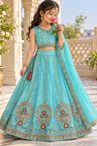 Sky blue embroidered girls lehenga choli set in fandy silk with khatli beads work for wedding