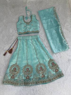 Sky blue embroidered girls lehenga choli set in fandy silk with khatli beads work for wedding 3