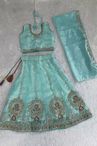 Sky blue embroidered girls lehenga choli set in fandy silk with khatli beads work for wedding