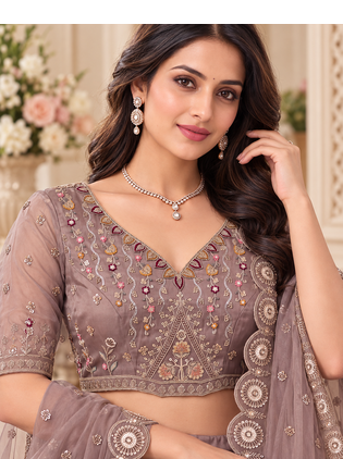 Light Brown Color Crystal Beads,Multi Thread,Dori And Sequins Work Silk_Blend Lehnega Choli 2