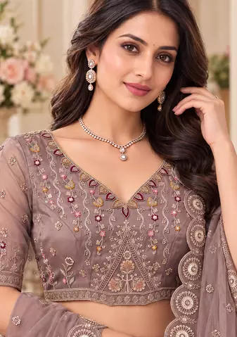 Light Brown Color Crystal Beads,Multi Thread,Dori And Sequins Work Silk_Blend Lehnega Choli