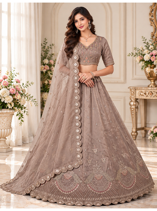 Light Brown Color Crystal Beads,Multi Thread,Dori And Sequins Work Silk_Blend Lehnega Choli 1
