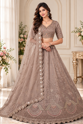 Light Brown Color Crystal Beads,Multi Thread,Dori And Sequins Work Silk_Blend Lehnega Choli