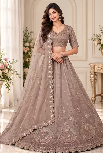 Light Brown Color Crystal Beads,Multi Thread,Dori And Sequins Work Silk_Blend Lehnega Choli