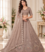 Light Brown Color Crystal Beads,Multi Thread,Dori And Sequins Work Silk_Blend Lehnega Choli