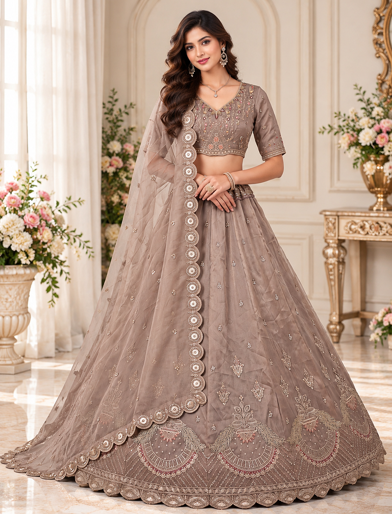 Light Brown Color Crystal Beads,Multi Thread,Dori And Sequins Work Silk_Blend Lehnega Choli
