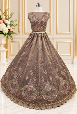 Light Brown Color Crystal Beads,Multi Thread,Dori And Sequins Work Silk_Blend Lehnega Choli 3