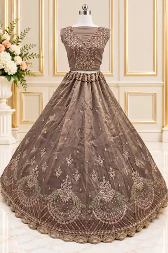 Light Brown Color Crystal Beads,Multi Thread,Dori And Sequins Work Silk_Blend Lehnega Choli