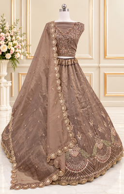 Light Brown Color Crystal Beads,Multi Thread,Dori And Sequins Work Silk_Blend Lehnega Choli 4