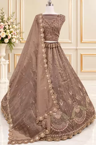Light Brown Color Crystal Beads,Multi Thread,Dori And Sequins Work Silk_Blend Lehnega Choli