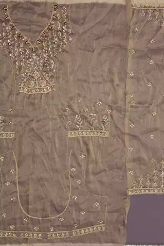 Light Brown Color Crystal Beads,Multi Thread,Dori And Sequins Work Silk_Blend Lehnega Choli