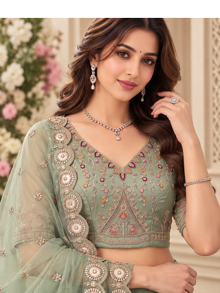Light Green Color Crystal Beads,Multi Thread,Dori And Sequins Work Silk_Blend Lehnega Choli 2