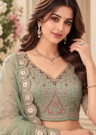 Light Green Color Crystal Beads,Multi Thread,Dori And Sequins Work Silk_Blend Lehnega Choli