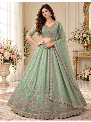 Light Green Color Crystal Beads,Multi Thread,Dori And Sequins Work Silk_Blend Lehnega Choli 1