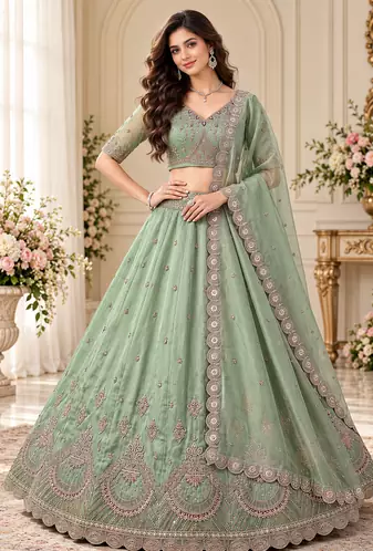 Light Green Color Crystal Beads,Multi Thread,Dori And Sequins Work Silk_Blend Lehnega Choli