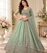 Light Green Color Crystal Beads,Multi Thread,Dori And Sequins Work Silk_Blend Lehnega Choli