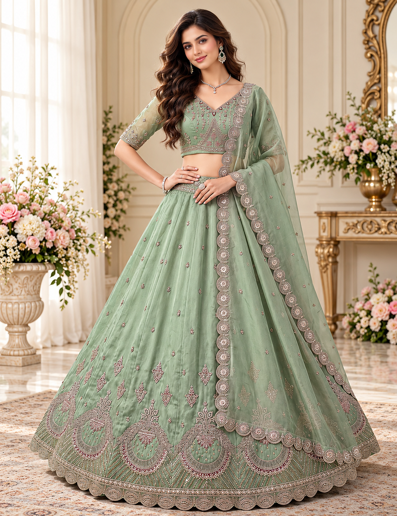 Light Green Color Crystal Beads,Multi Thread,Dori And Sequins Work Silk_Blend Lehnega Choli