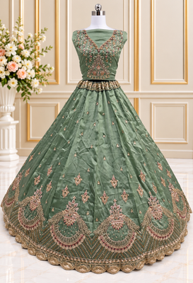 Light Green Color Crystal Beads,Multi Thread,Dori And Sequins Work Silk_Blend Lehnega Choli 3
