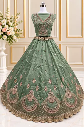 Light Green Color Crystal Beads,Multi Thread,Dori And Sequins Work Silk_Blend Lehnega Choli