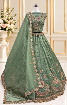 Light Green Color Crystal Beads,Multi Thread,Dori And Sequins Work Silk_Blend Lehnega Choli 4