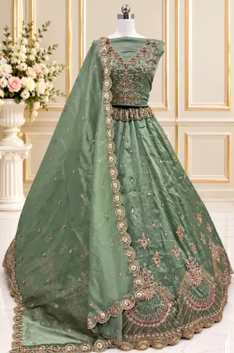Light Green Color Crystal Beads,Multi Thread,Dori And Sequins Work Silk_Blend Lehnega Choli
