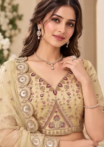 Light Yellow Color Crystal Beads,Multi Thread,Dori And Sequins Work Silk_Blend Lehnega Choli