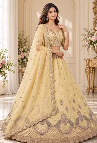 Light Yellow Color Crystal Beads,Multi Thread,Dori And Sequins Work Silk_Blend Lehnega Choli
