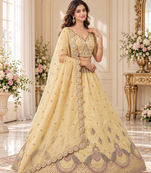 Light Yellow Color Crystal Beads,Multi Thread,Dori And Sequins Work Silk_Blend Lehnega Choli
