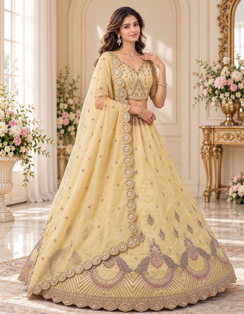Light Yellow Color Crystal Beads,Multi Thread,Dori And Sequins Work Silk_Blend Lehnega Choli